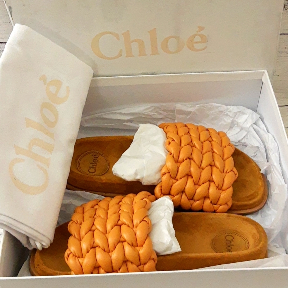 Chloe Kacey Braided Leather Slide Sandal Saffron Orange 38W NEW *BOX DAMAGE* - Picture 6 of 14